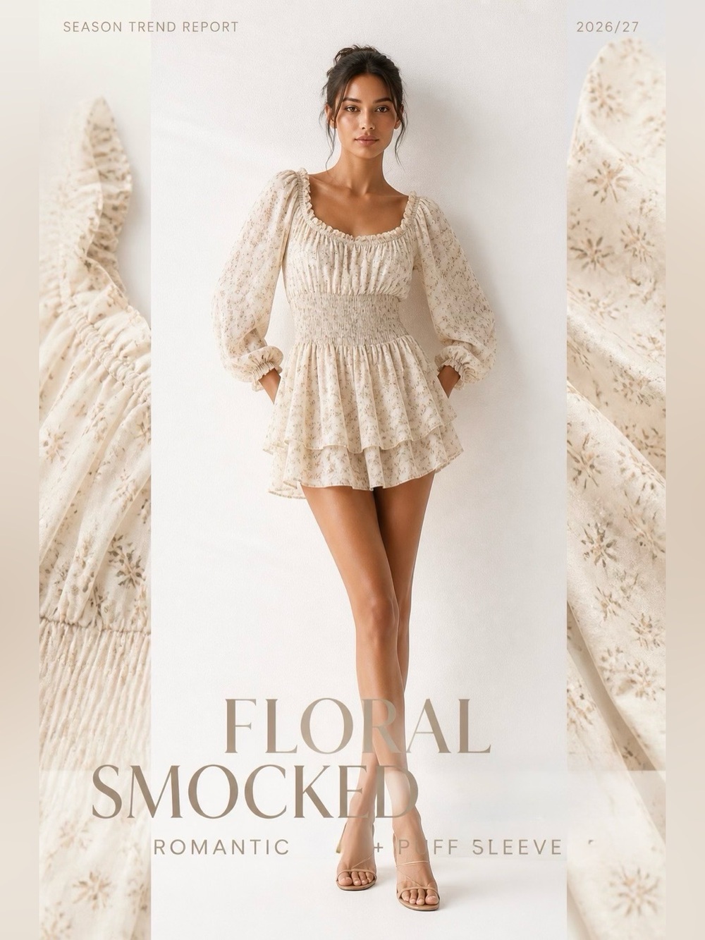 American Eagle Outfitters Cream Floral Tiered Ruffle Short Romper with 3/4 sleev - Picture 9 of 10